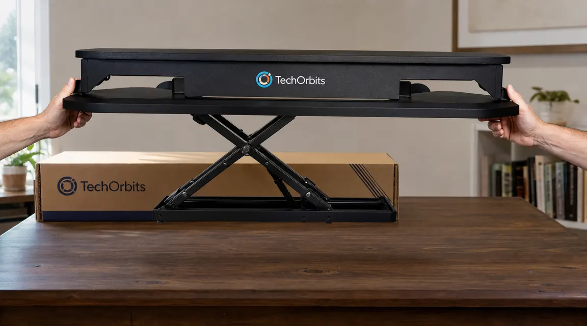 Person adjusting the height of the TechOrbits desk converter with one hand while standing at their home desk