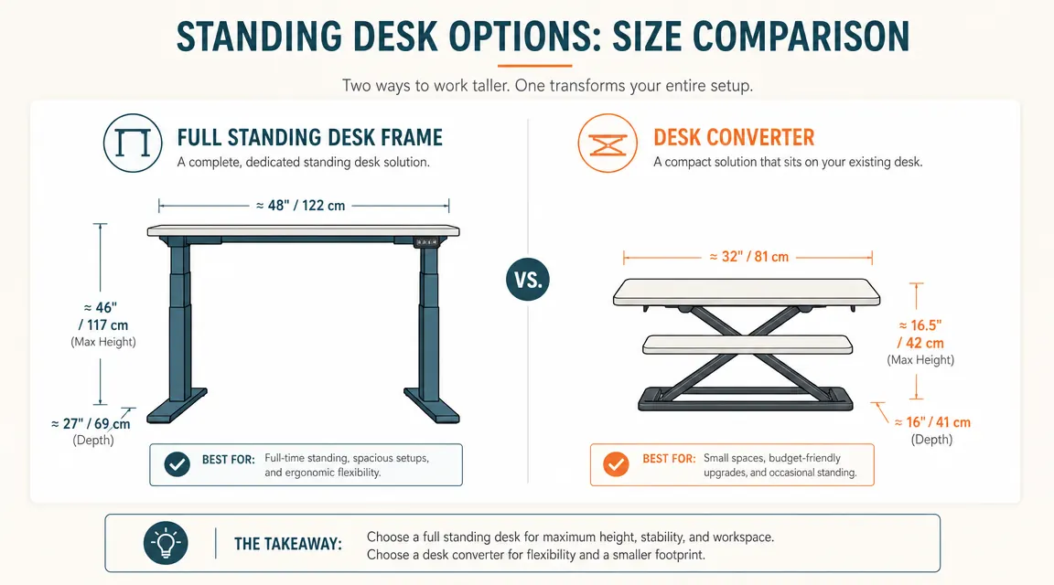 Side-by-side size comparison showing a full motorized standing desk frame next to a compact desk converter on a regular desk