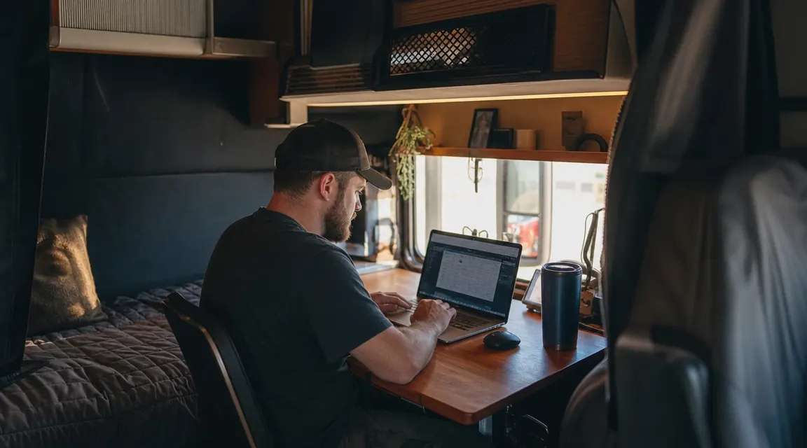 Standing desk converter set up inside a truck cab sleeper berth on a small wooden surface, showing how compact the setup is