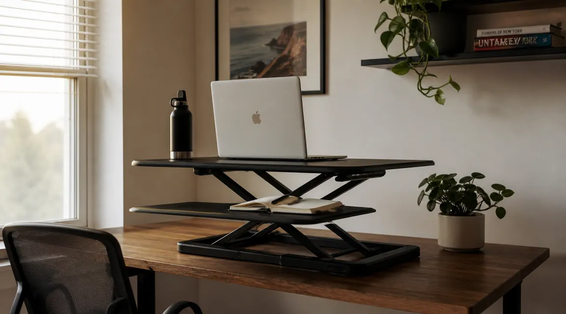 TechOrbits standing desk converter raised to standing height on a compact apartment home office desk near a window
