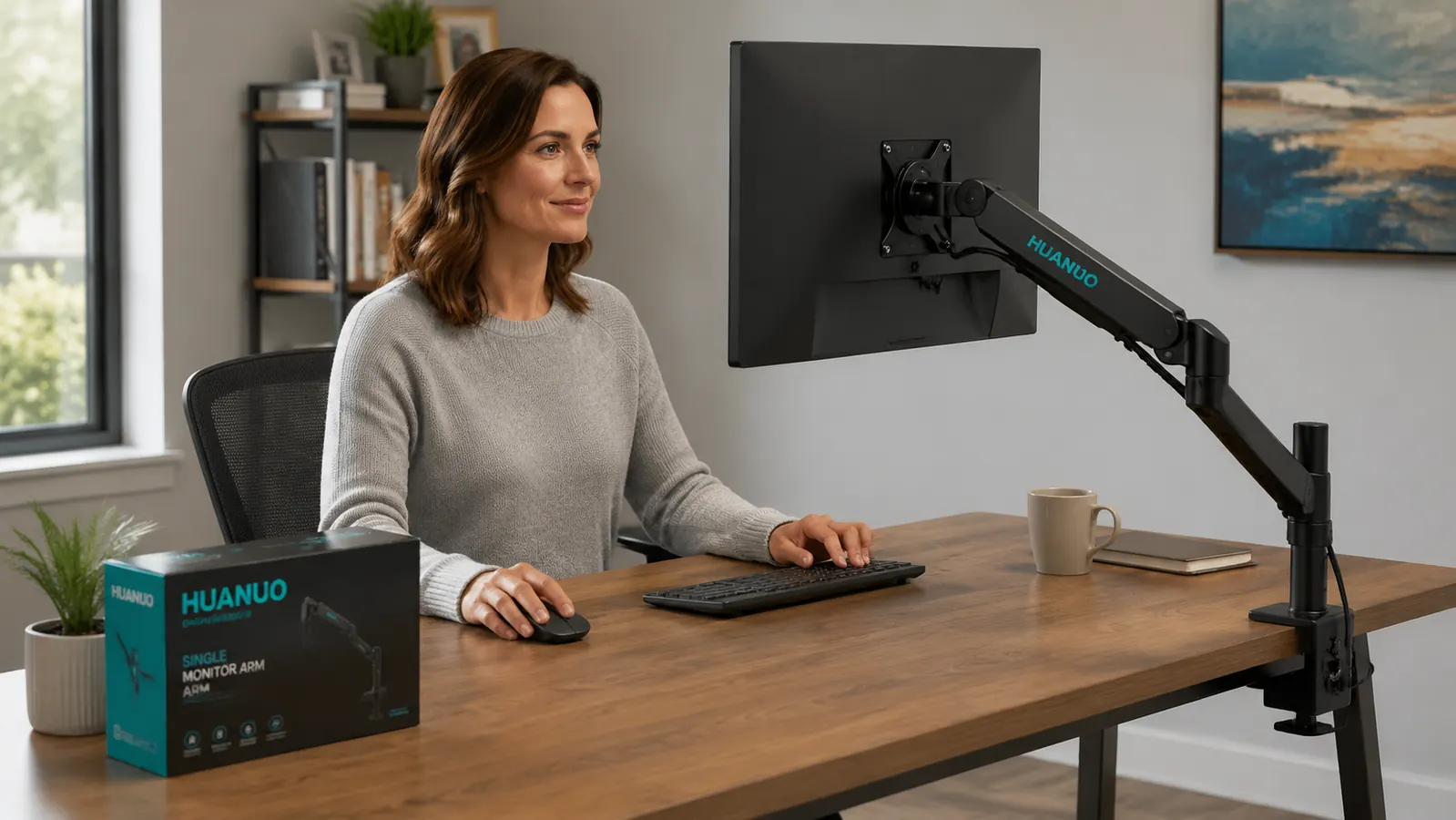 HUANUO monitor arm clamp attached to desk edge, arm extended holding a monitor over a clear surface