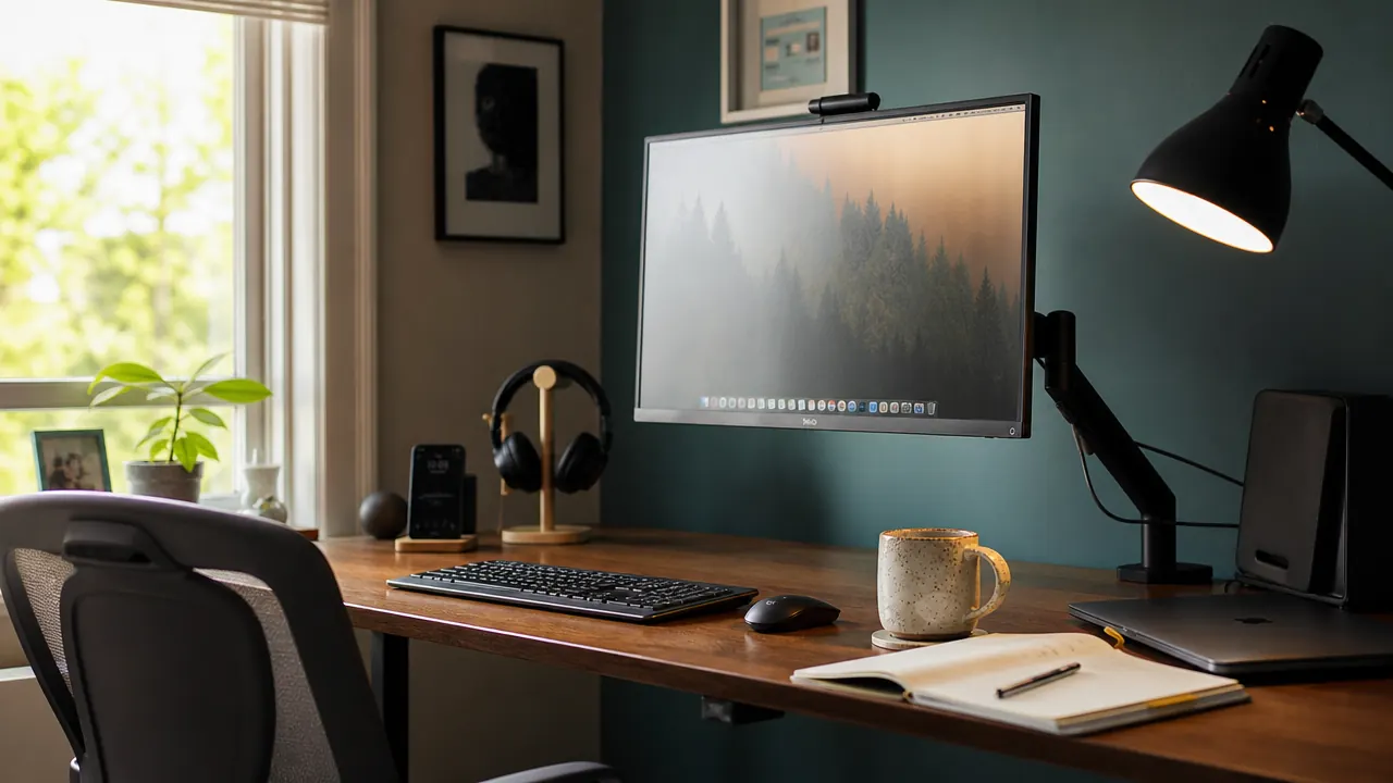 Clean small home office desk with a monitor arm holding a monitor at eye level, clear desk surface below