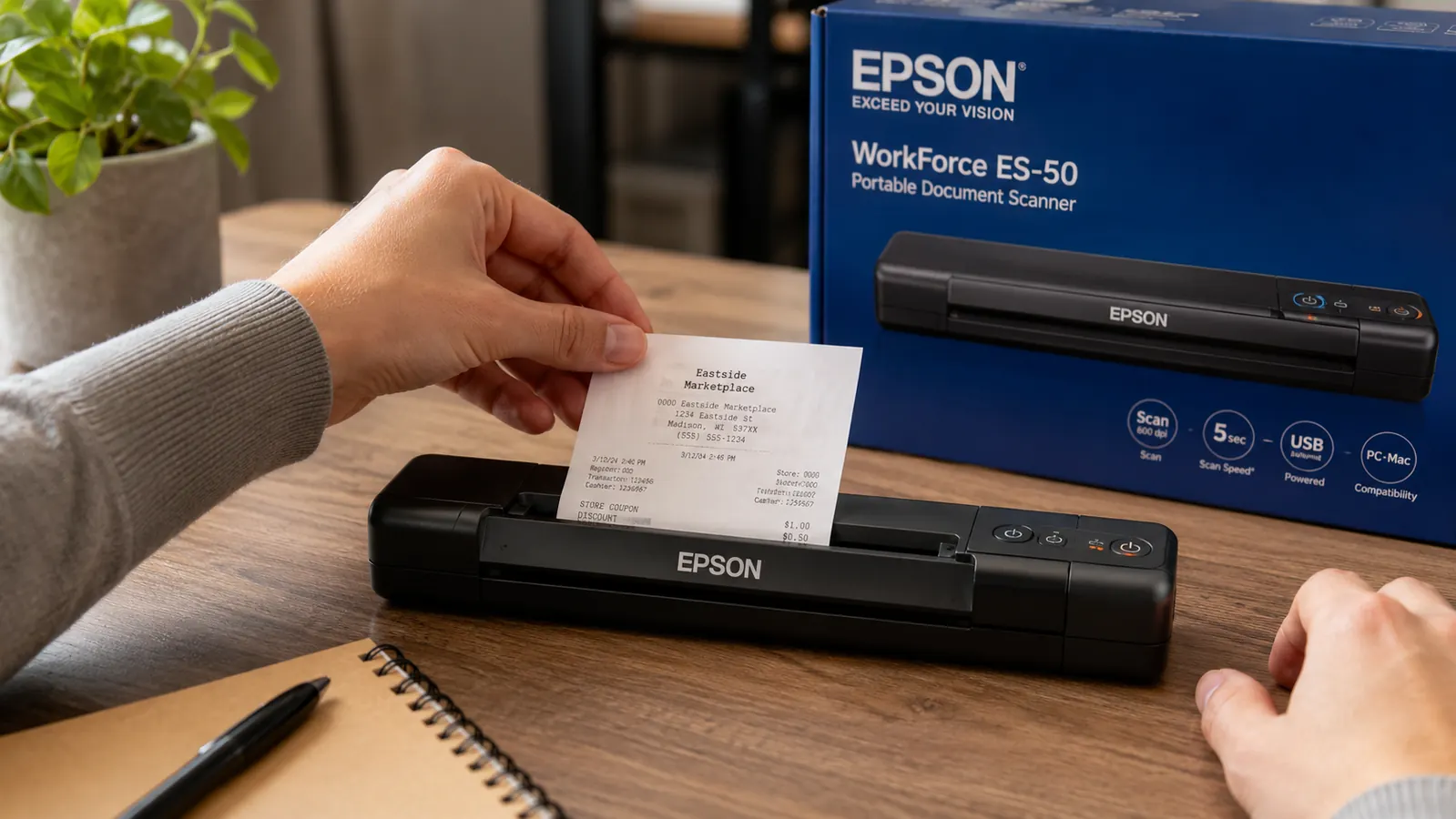 Hand feeding a receipt into the Epson ES-50 portable sheet-fed scanner connected by USB to a laptop on a wooden desk