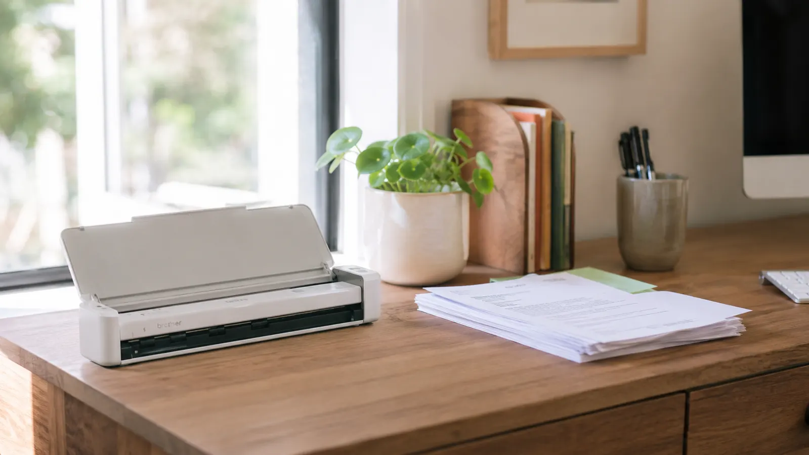 Small home office desk with a tidy surface, a portable sheet-fed scanner in the corner, and a single sorted folder next to a laptop