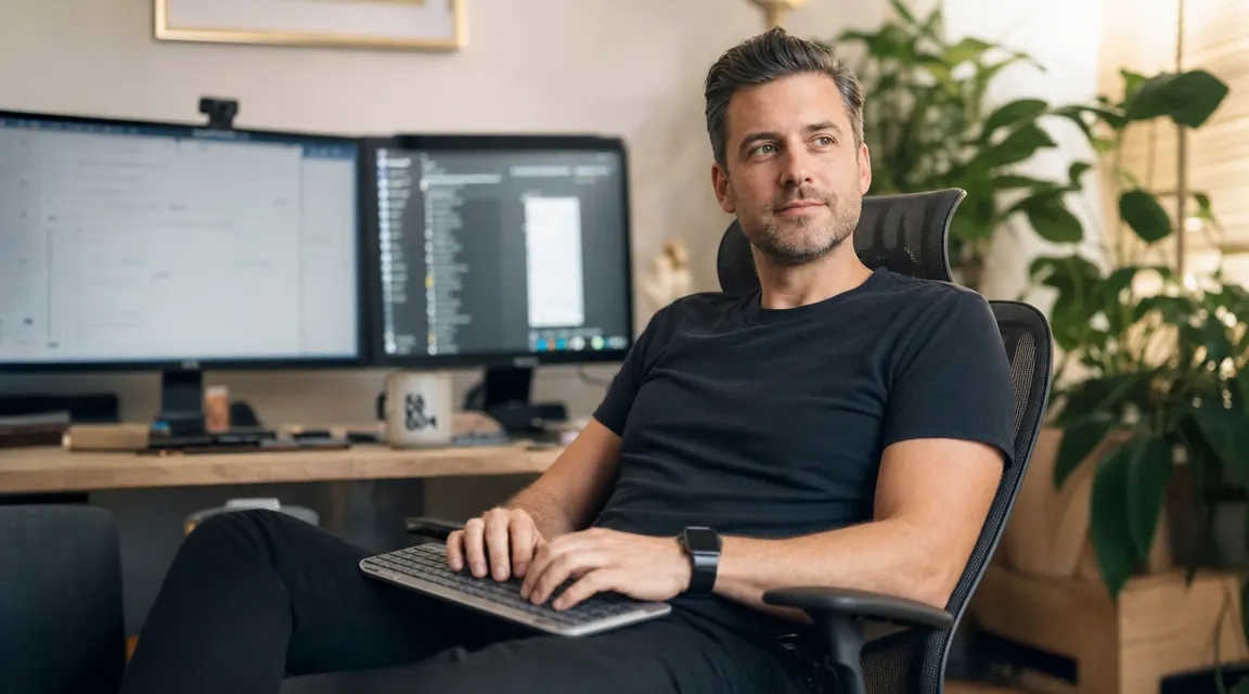 Home office worker leaning back slightly in an ergonomic chair, wireless keyboard resting on lap, monitor visible in the background