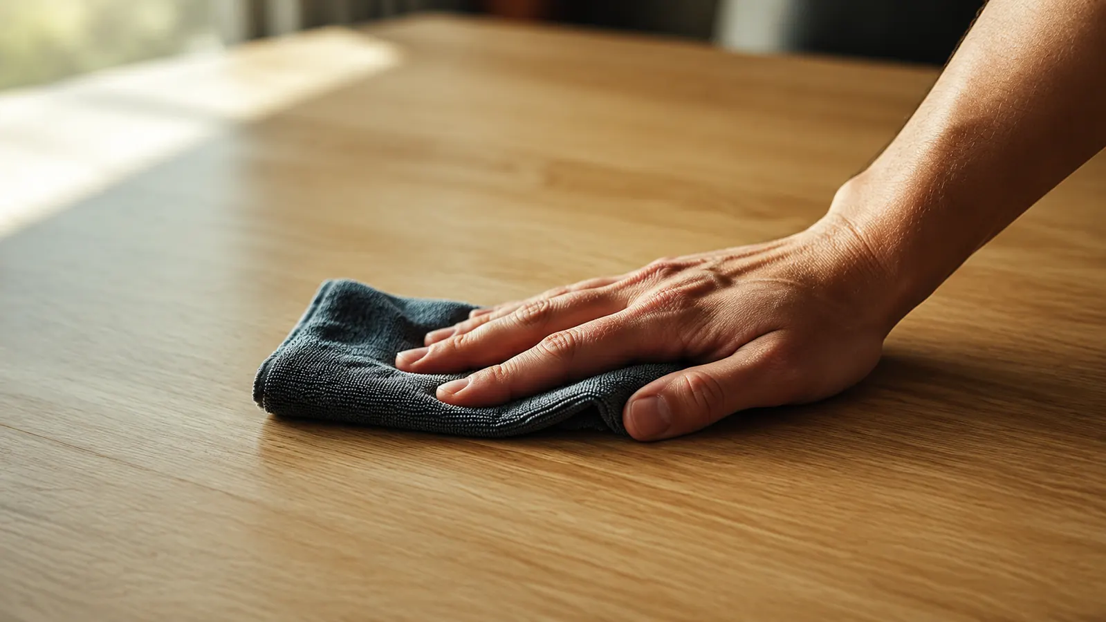 Hand wiping a completely clear desk surface with no cables or obstructions in the way