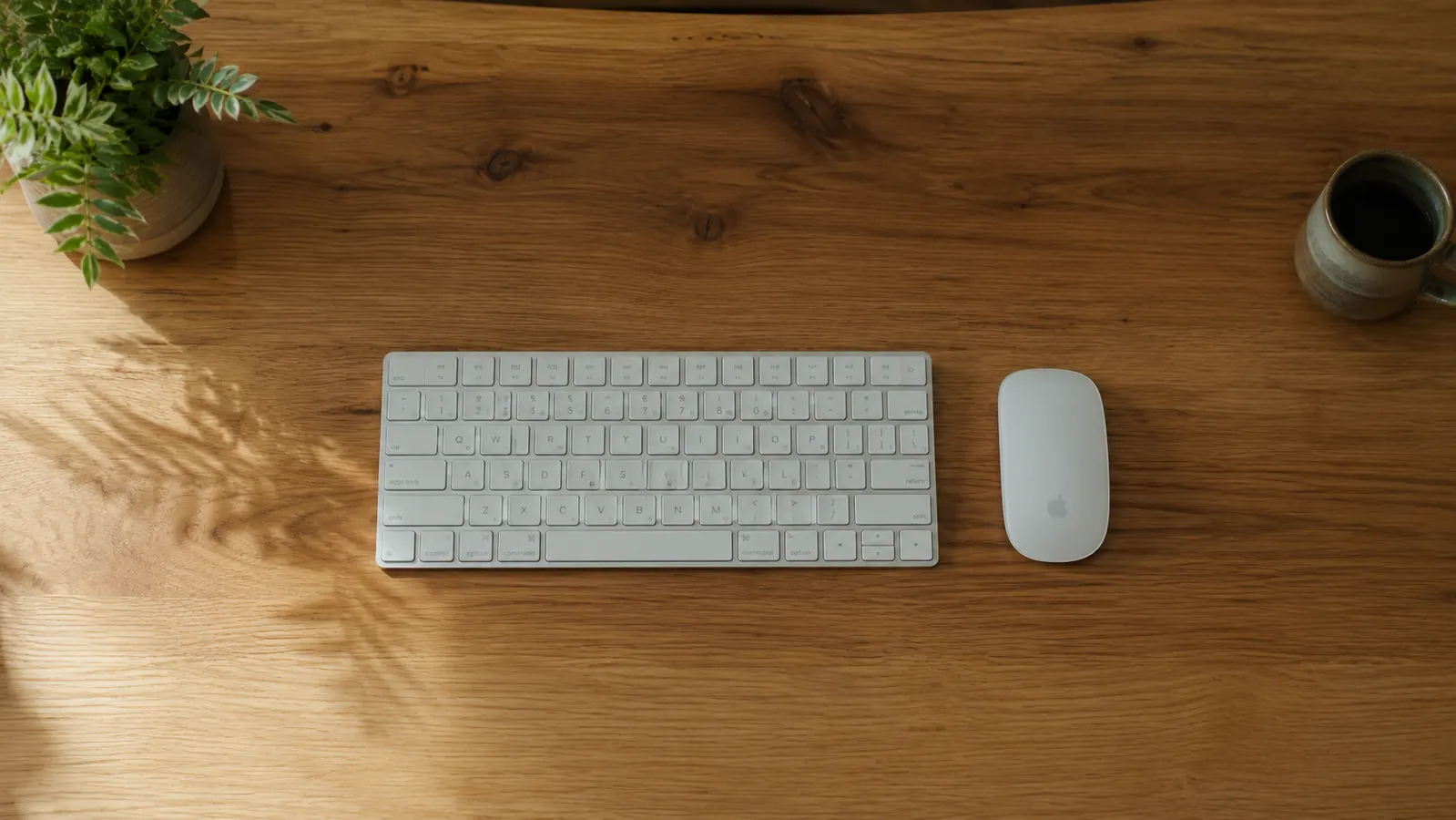 Clean home office desk viewed from above, wireless keyboard and mouse centered on a clear wood-grain surface with no visible cables