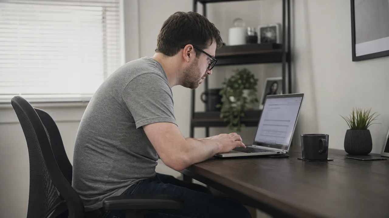 Person sitting at a desk with noticeable forward head posture and rounded shoulders, side view