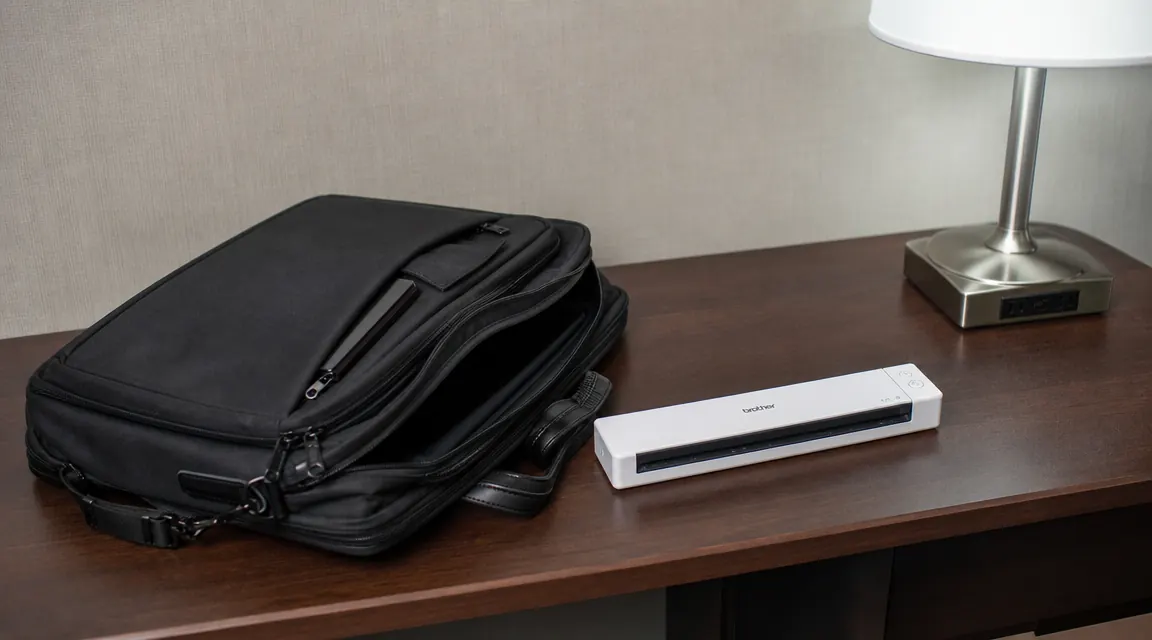 Epson ES-50 scanner on a hotel desk next to a slim laptop bag, showing its portable footprint