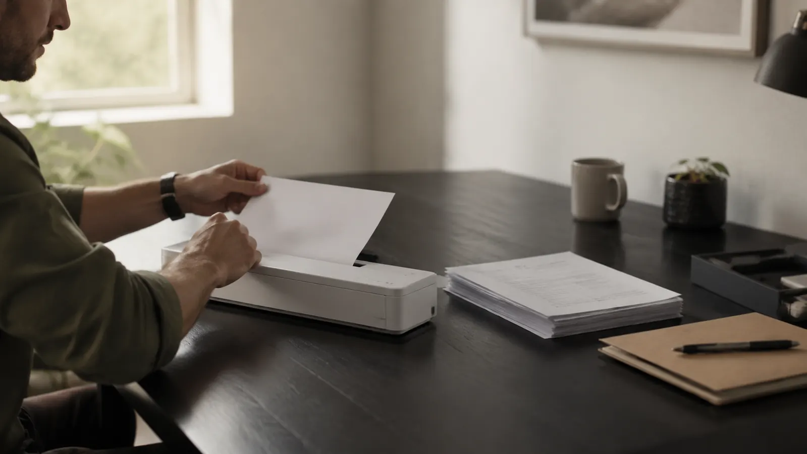 Epson ES-50 portable document scanner sitting on a minimal desk with a stack of papers and a coffee mug nearby