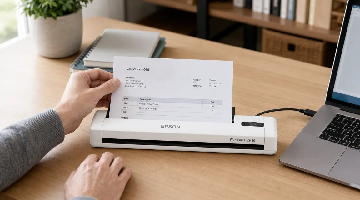 Hand feeding a single document page into the top slot of the Epson ES-50 scanner, USB cable visible running to a laptop
