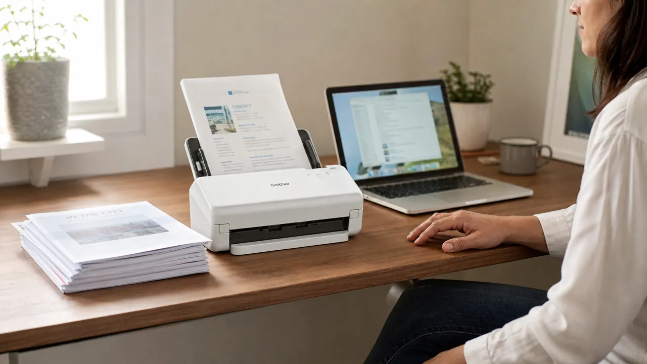 Epson WorkForce ES-50 portable scanner on a clean warm-toned home office desk next to a laptop and a small stack of documents