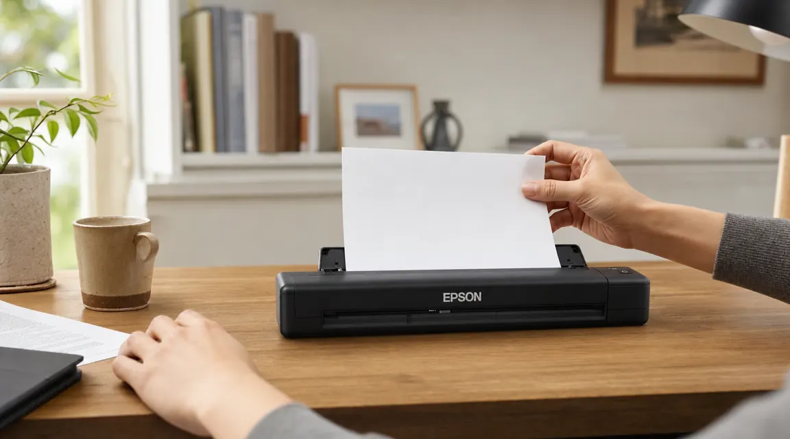 Person feeding a single document into a portable sheet-fed scanner on a home office desk