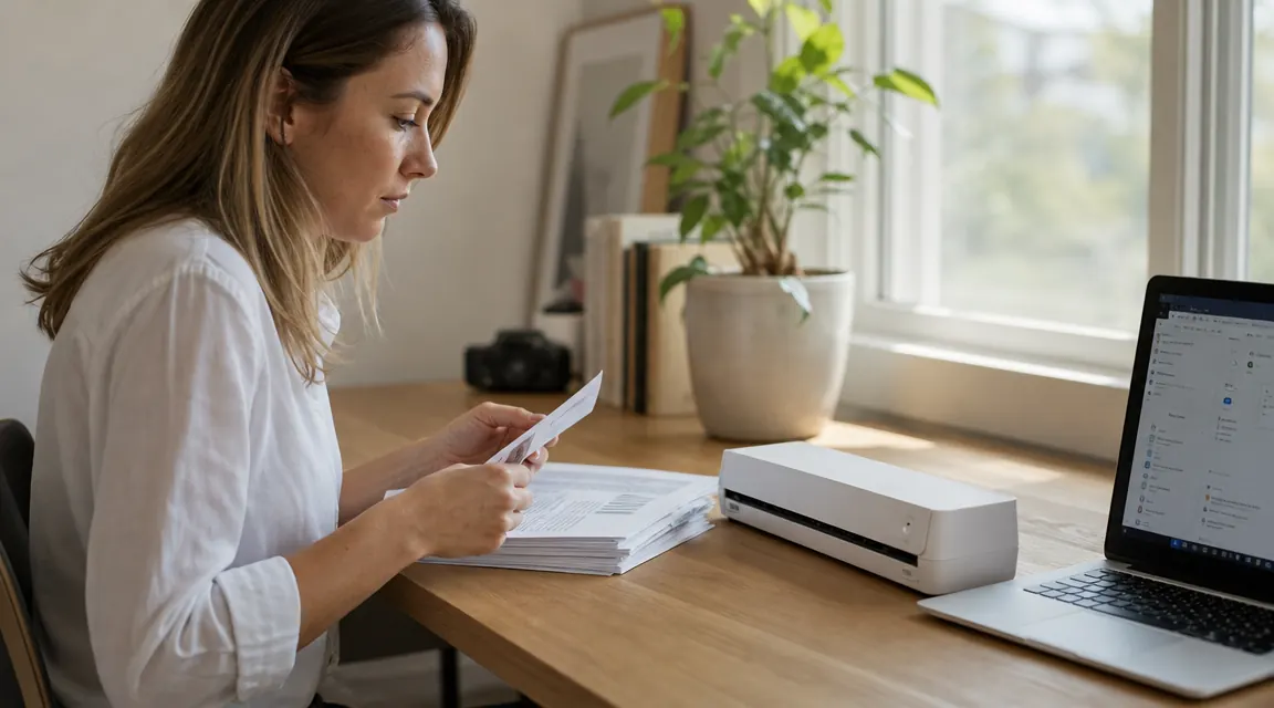 Epson ES-50 portable scanner on a home office desk next to a small stack of documents and a laptop