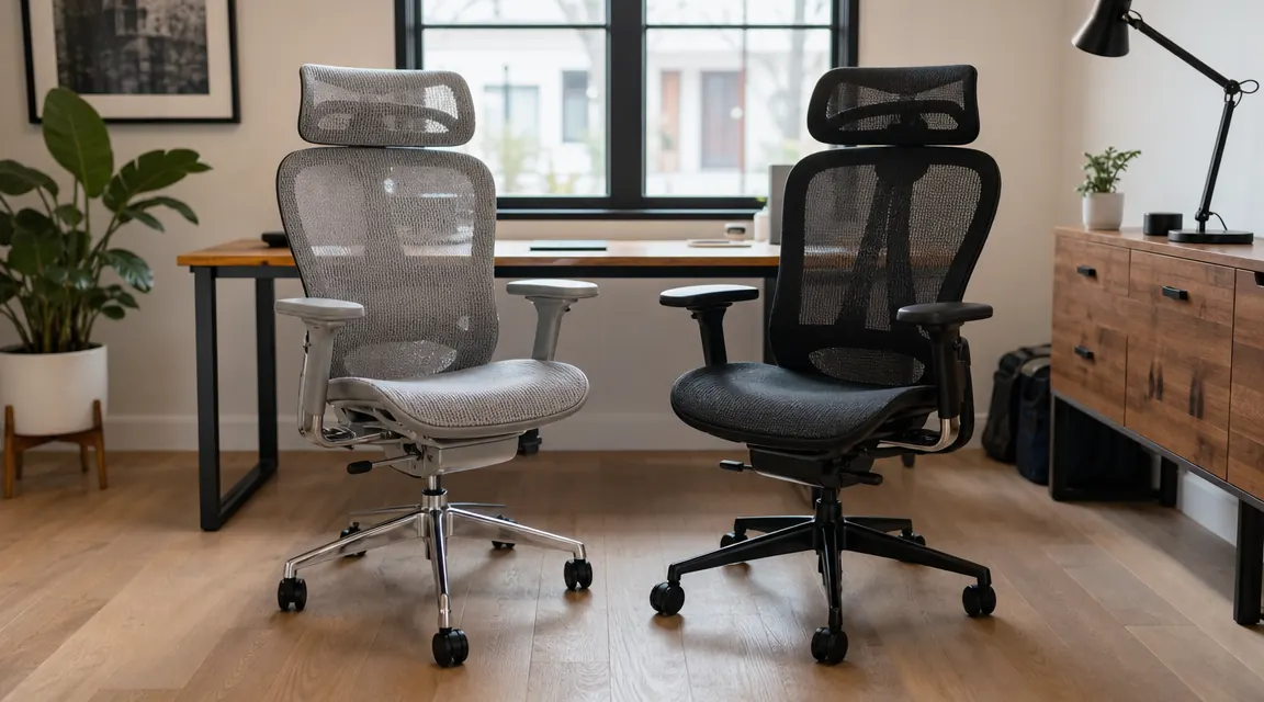 Two ergonomic mesh office chairs side by side in a clean home office, one showing a 3D lumbar detail and one showing a simpler mid-back alternative