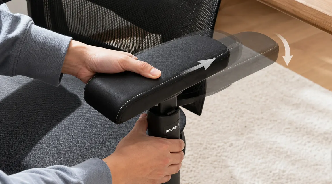 HOLLUDLE chair armrest being rotated and adjusted to show the range of motion