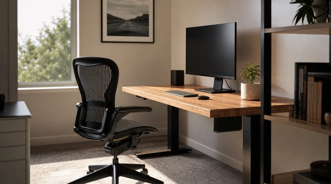 HOLLUDLE ergonomic mesh office chair at a home office desk with a monitor in the background