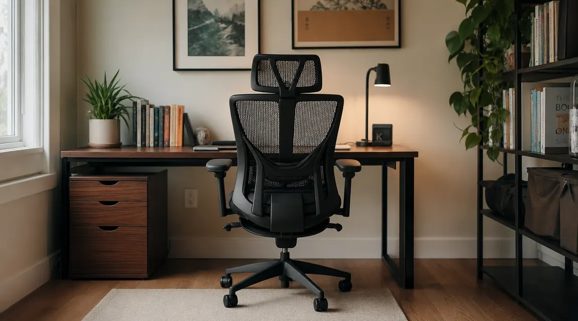 HOLLUDLE mesh ergonomic chair at a tidy home office desk, morning light from a window, viewed from a slight angle showing the mesh back and adjustable lumbar support
