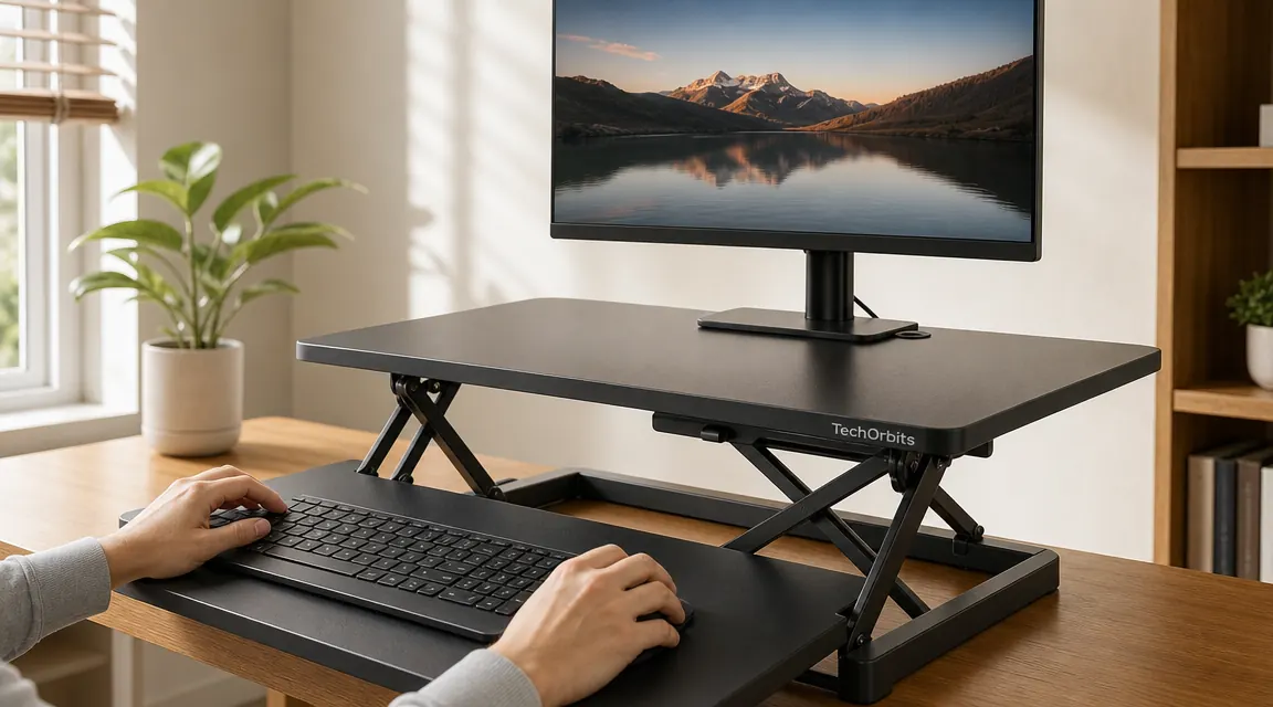 Close-up of the TechOrbits standing desk converter on a wooden desk, keyboard tray extended, monitor at eye level