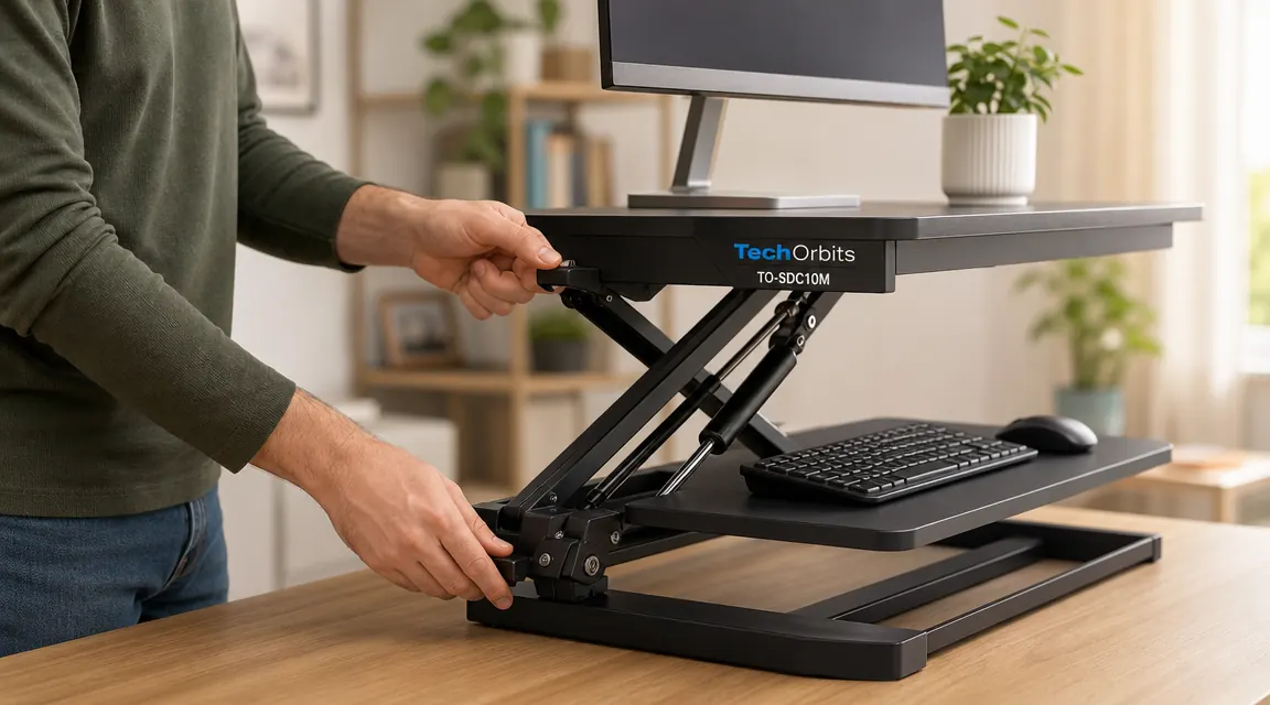 Person adjusting the height of a standing desk converter with one hand while looking at a monitor