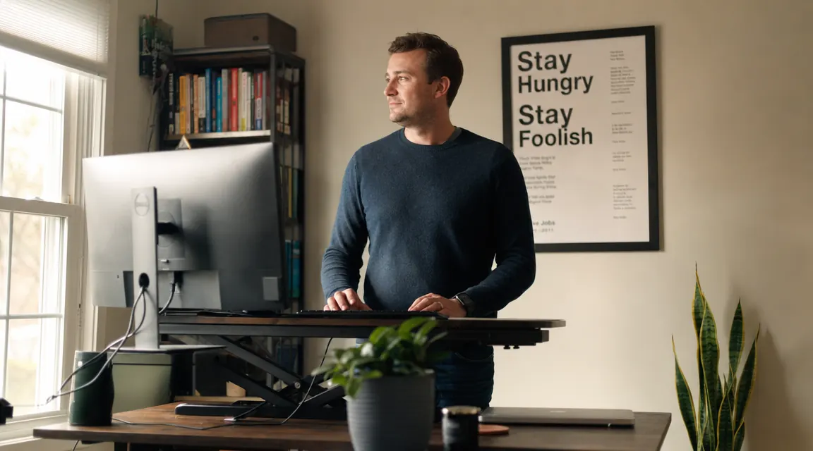 Man standing at a home office desk with a desk converter raised to standing height, afternoon light through a window
