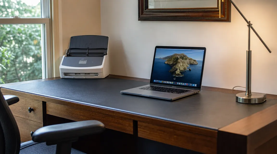 Same desk corner now completely clear, only the Epson ES-50 scanner and a laptop remaining, clean and calm