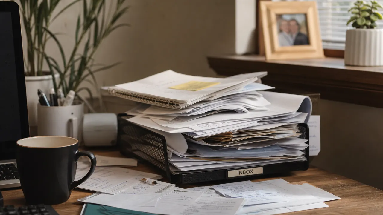 A cluttered home office desk corner with a tall stack of papers overflowing from a mesh inbox tray, warm afternoon light