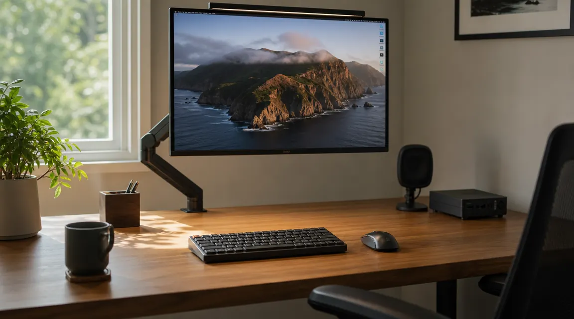 Clean home office desk with monitor arm, wireless keyboard and mouse, no cables crossing the surface