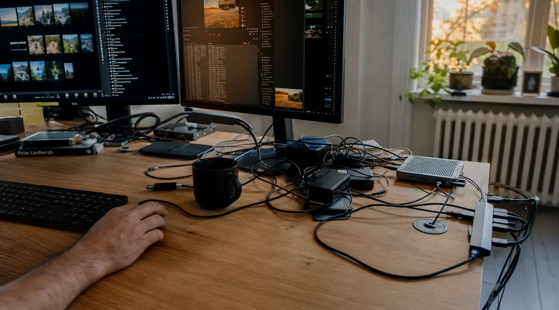 Cluttered desk with multiple cables crossing the surface in front of a monitor, warm overhead light