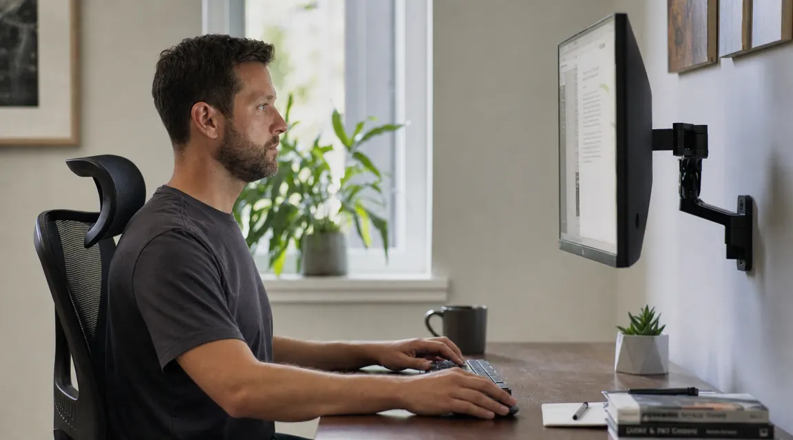 Person sitting at a desk with a properly positioned monitor, shoulders relaxed, looking straight ahead at screen