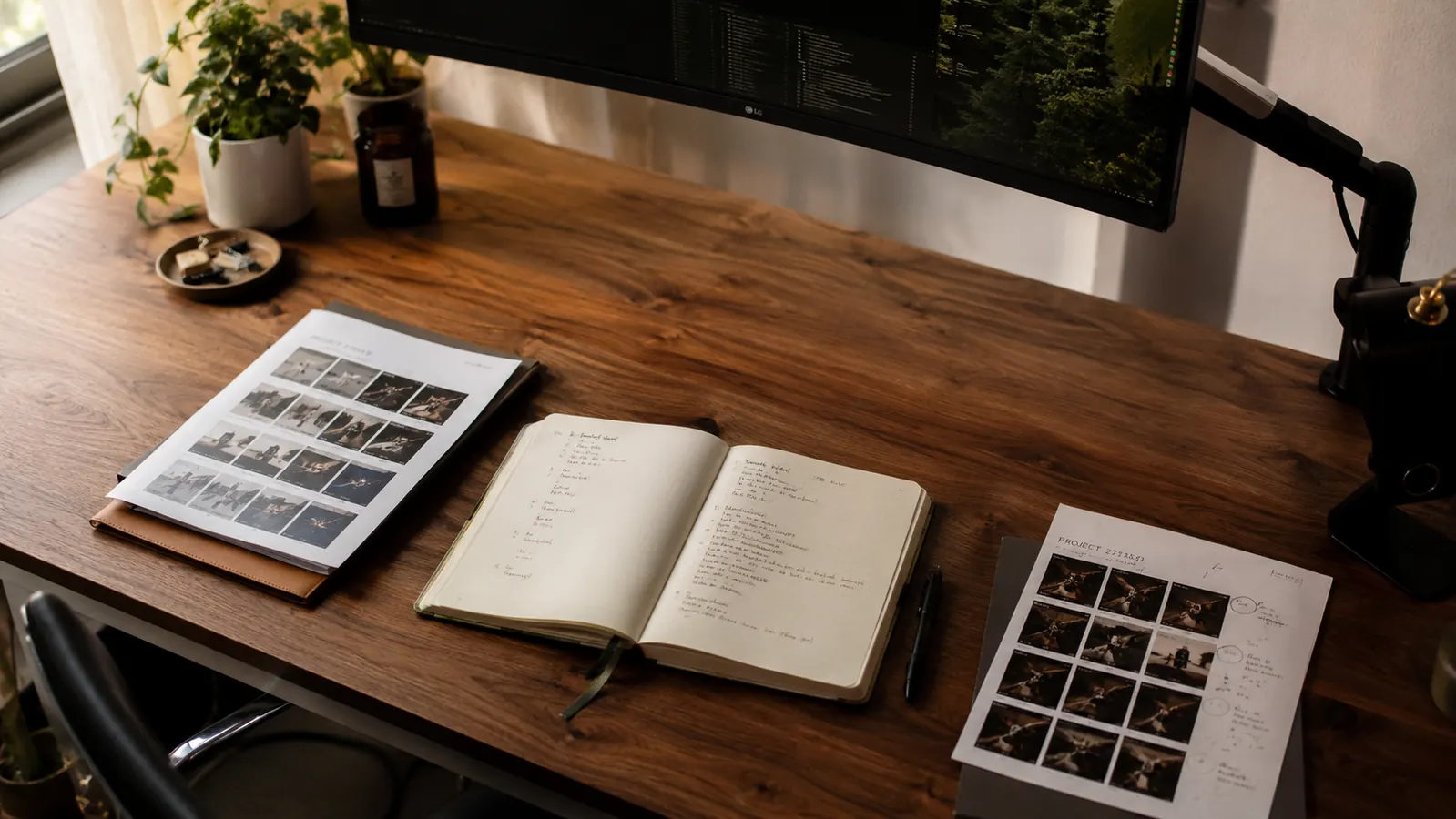 Close-up of papers and a planner spread out on a desk with the monitor raised out of the way on an arm above