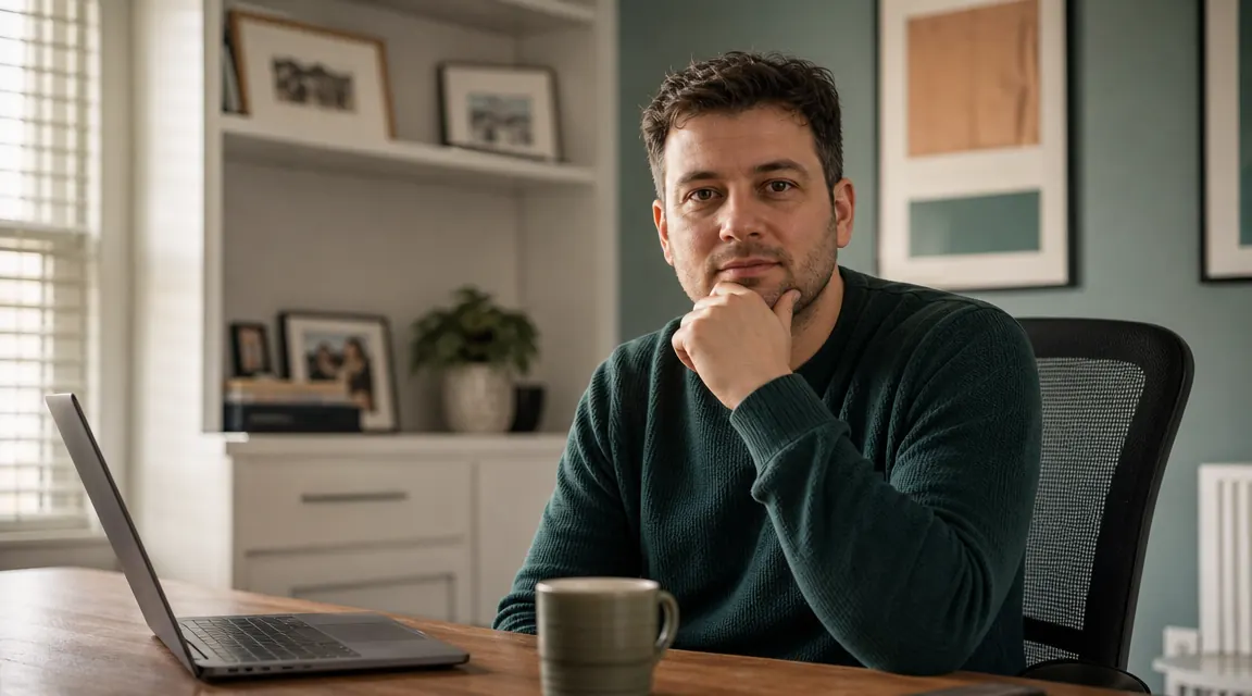 Man seated at a tidy home office desk in a mesh ergonomic chair, morning light coming through a window behind him