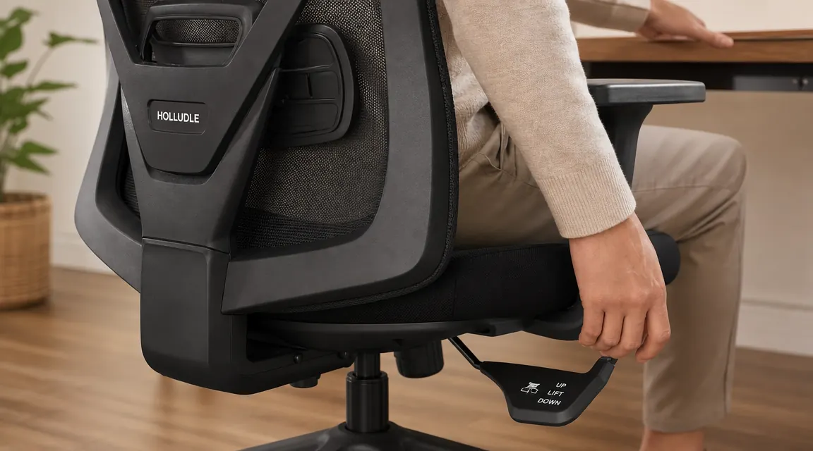 Hand reaching under the right side of an ergonomic chair seat to operate the height pneumatic lever