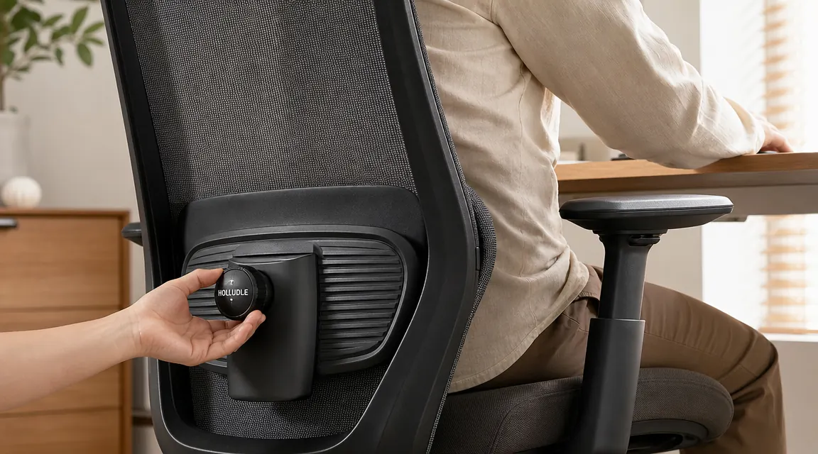 Close-up of a hand adjusting the 3D lumbar support knob on the back panel of a mesh ergonomic office chair