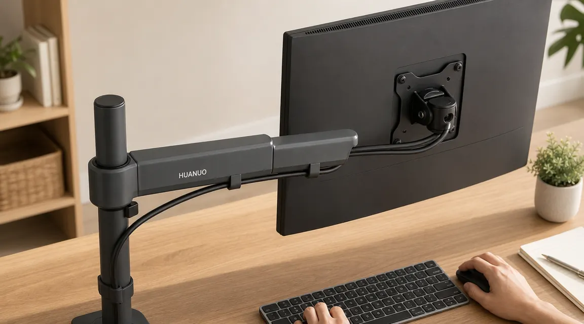 Monitor arm cable management channel with display cable and USB cable neatly routed along the arm segment toward the monitor