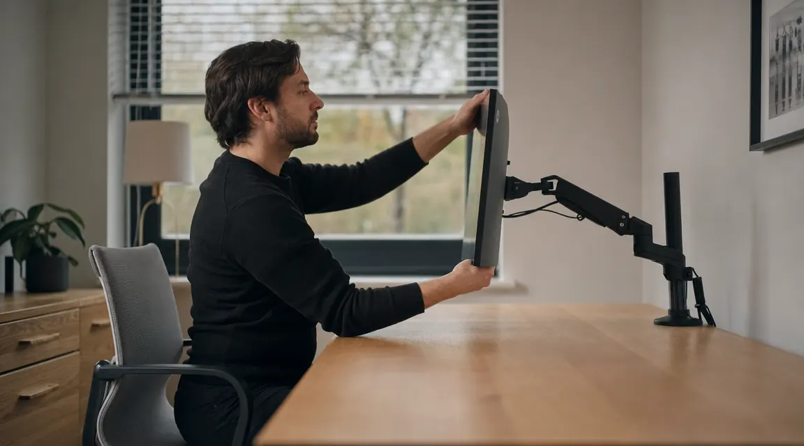 Person sitting at a home office desk adjusting monitor height on a mounted monitor arm, desk surface clear except for keyboard and mouse