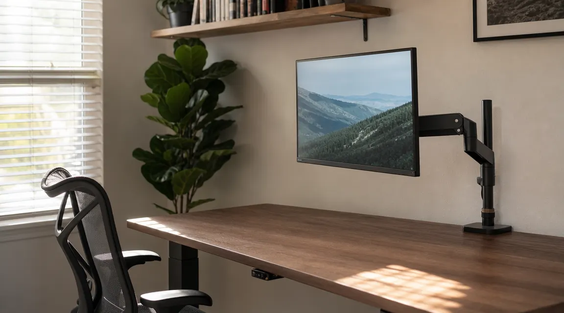Monitor arm clamped cleanly to the edge of a minimal home office desk, single monitor raised to eye level, cables routed neatly along the arm