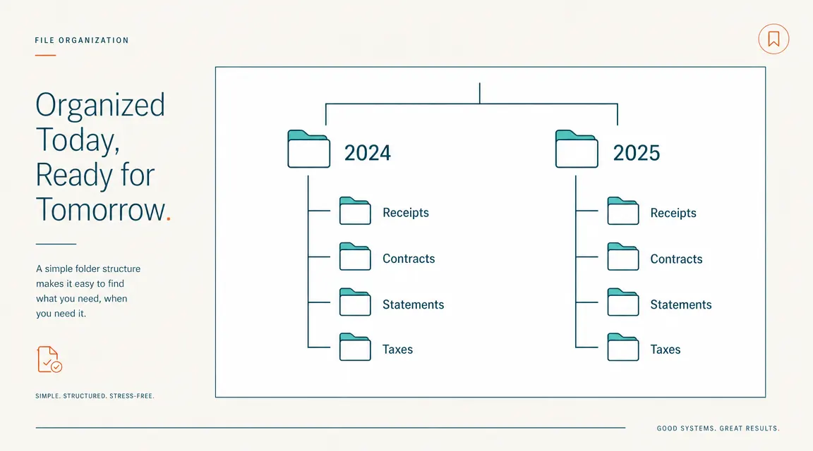 Screenshot-style diagram showing a folder hierarchy: year, then category subfolders for Receipts, Contracts, Statements, and Taxes