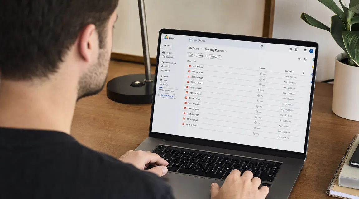 A tidy desktop with a laptop open to a cloud storage folder, showing scanned PDF files with consistent date-based filenames