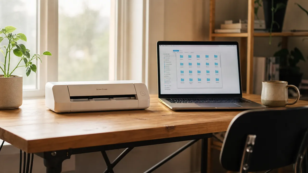 Small home office desk with a compact document scanner, a neat inbox tray, and a laptop open to a folder directory