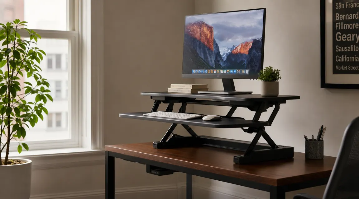 Small apartment home office desk corner with a standing desk converter raised to standing height, monitor at eye level, warm natural window light