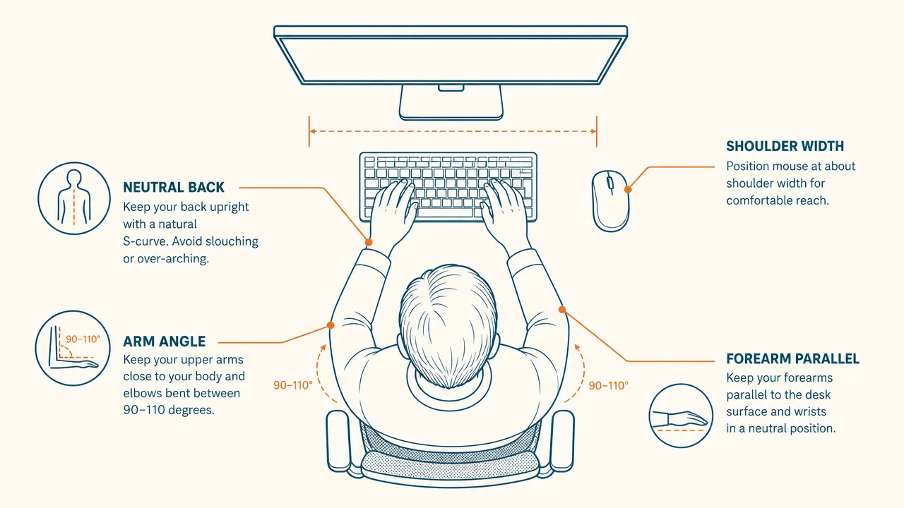 Diagram showing correct shoulder-width keyboard and mouse placement on a desk relative to monitor height