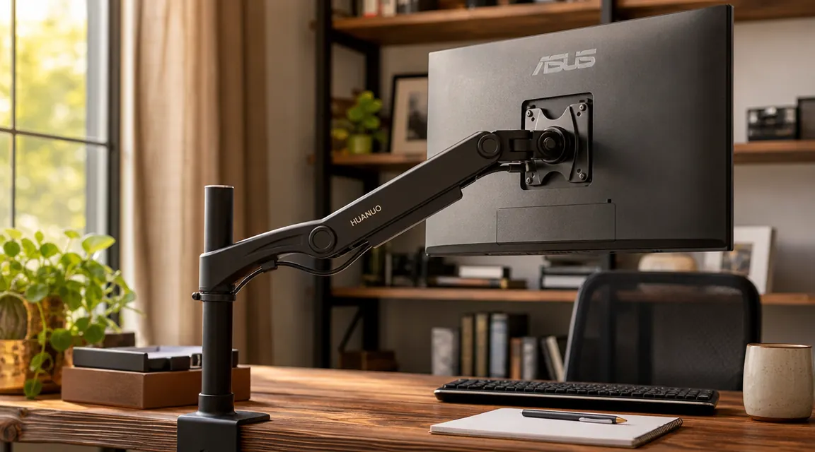 HUANUO single monitor arm holding a 27-inch monitor at eye level above a clean wooden home office desk, cables tucked through the arm channel, warm window light from the left
