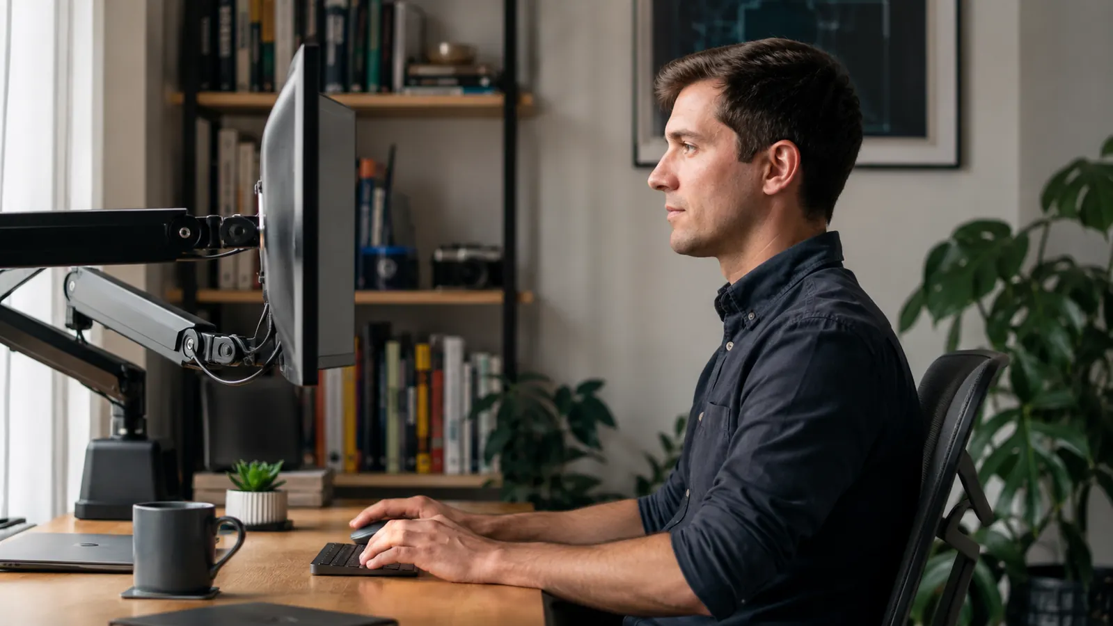 Person sitting at a desk with a monitor arm raised to eye level for ergonomic posture, head level with top of screen