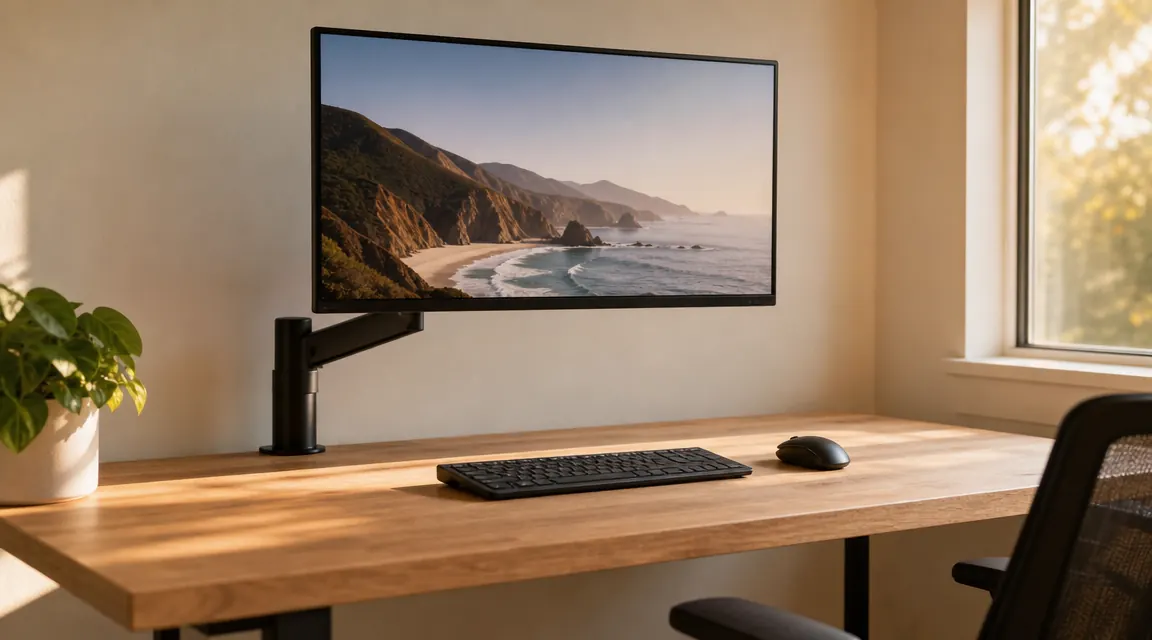 Clean home office desk with a monitor on a HUANUO arm, keyboard and mouse below, morning light through a window