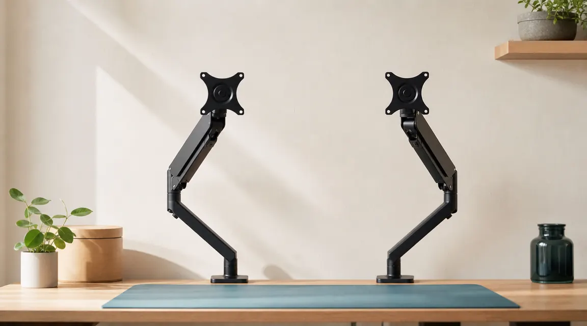 Two monitor arms side by side on a clean modern desk, one minimal black arm on the left and one premium silver arm on the right, warm morning light