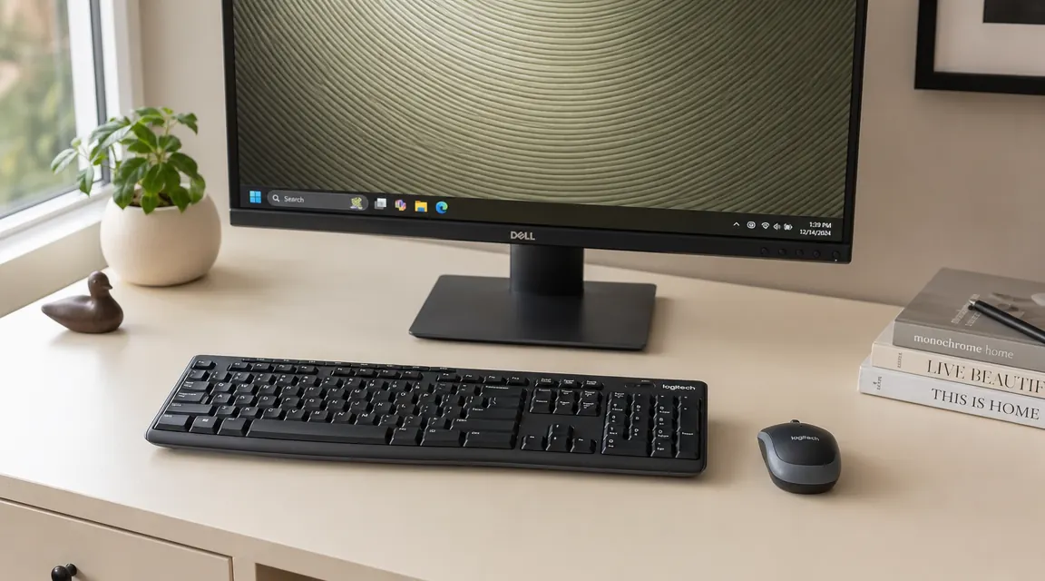 Logitech MK270 wireless keyboard and mouse on a clean home office desk beside a monitor and coffee mug