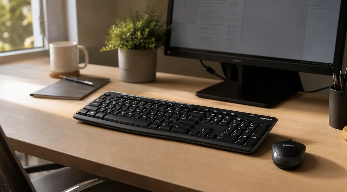 Logitech MK270 wireless keyboard and mouse on a clean home office desk with a monitor in the background
