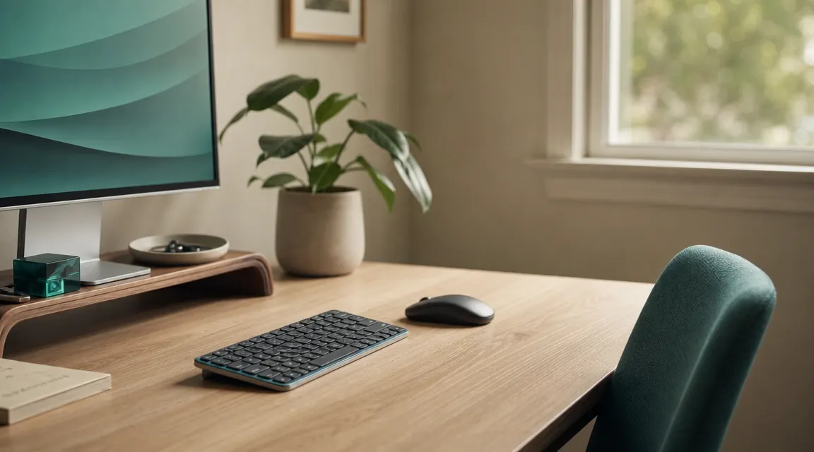 Logitech MK270 wireless keyboard and mouse combo sitting on a clean wood home office desk beside a monitor