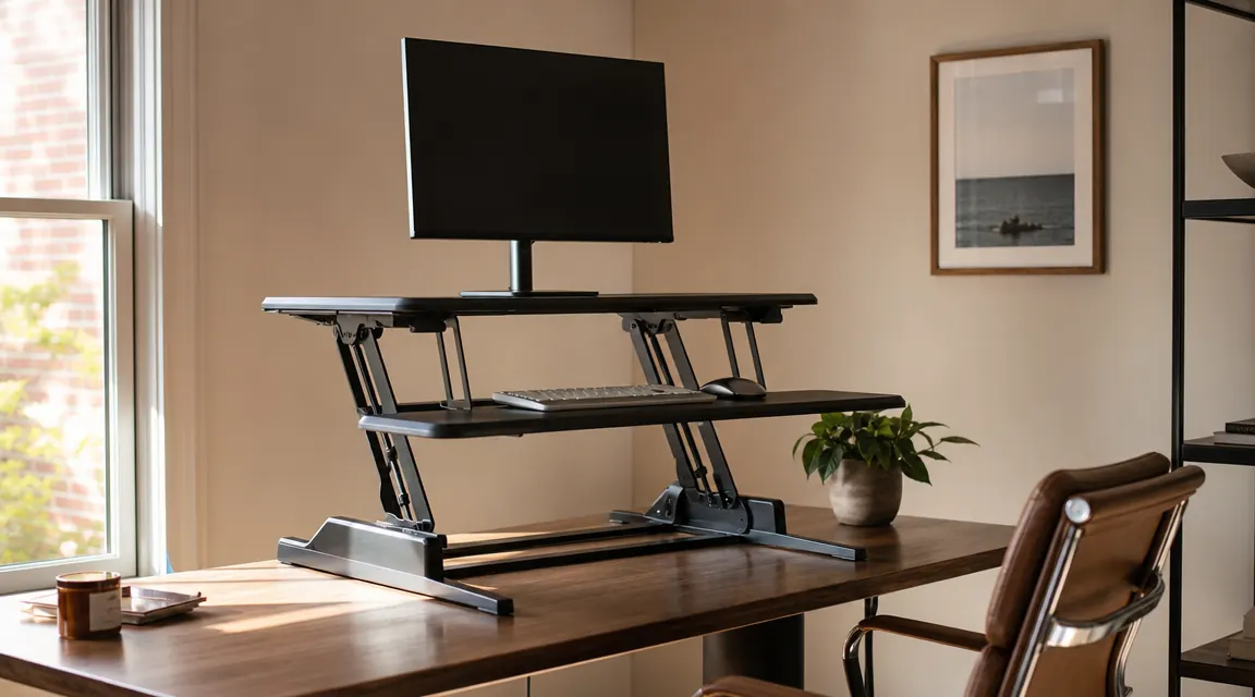 TechOrbits standing desk converter raised to full standing height in a compact home office corner with warm ambient lighting